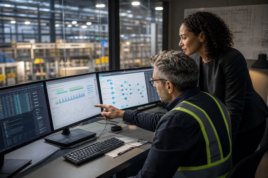Team reviewing an AI agent network on operations dashboards