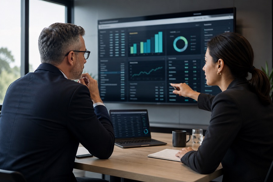 Leaders reviewing revenue growth dashboards in a meeting